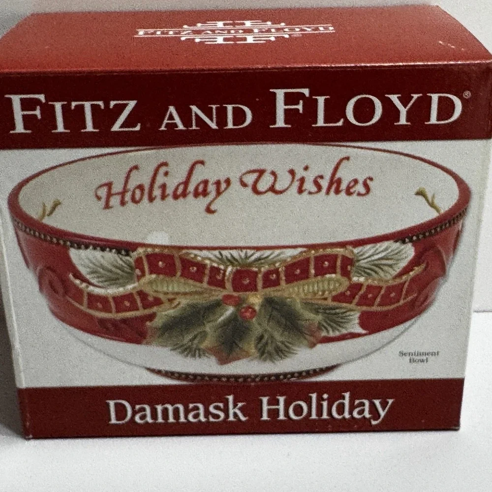 Fitz and Floyd Christmas Sentiment Bowl Damask Holiday New Box